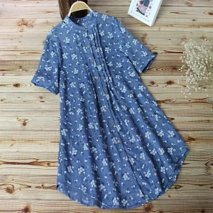 Spring Summer Short Sleeve Blouse Women Vintage Floral Print Single Breasted Shirt Blouse Cotton Linen Womens Tops and Blouse