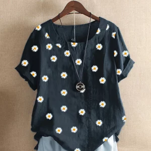 Womens T-Shirts 2022 Round Neck Short Sleeve Causal Loose Summer Top Large Size Floral Print Female Cotton Clothes